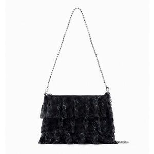 New Zara Black Ruffle Mesh Crossbody Bay With Rhinestone Strap Decor